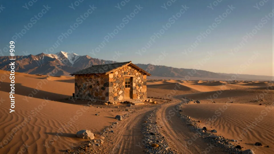 Desert Stone Hut in Sunset Landscape sand dunes