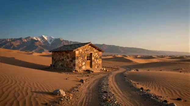 Desert Stone Hut in Sunset Landscape sand dunes