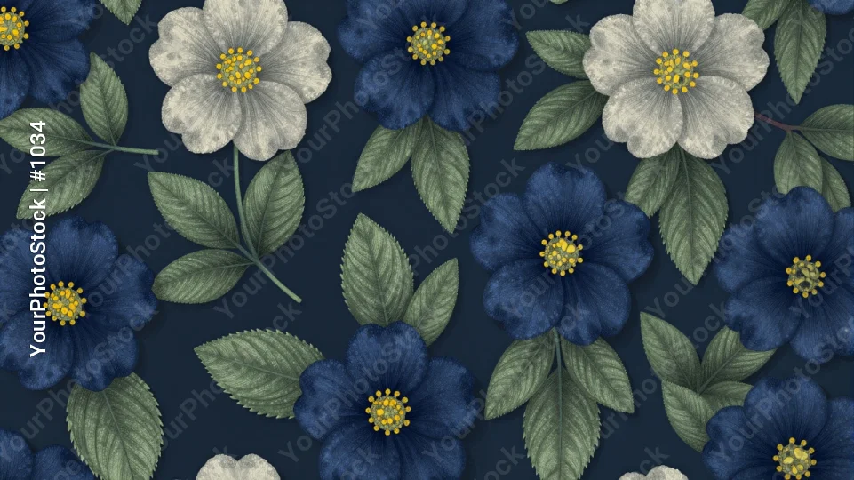 Blue and White Floral Pattern flowers leaves seamless