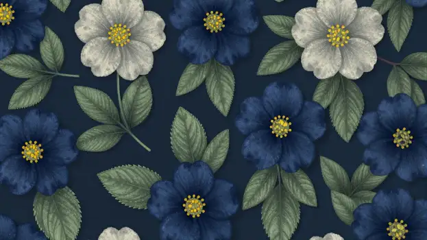 Blue and White Floral Pattern flowers leaves seamless