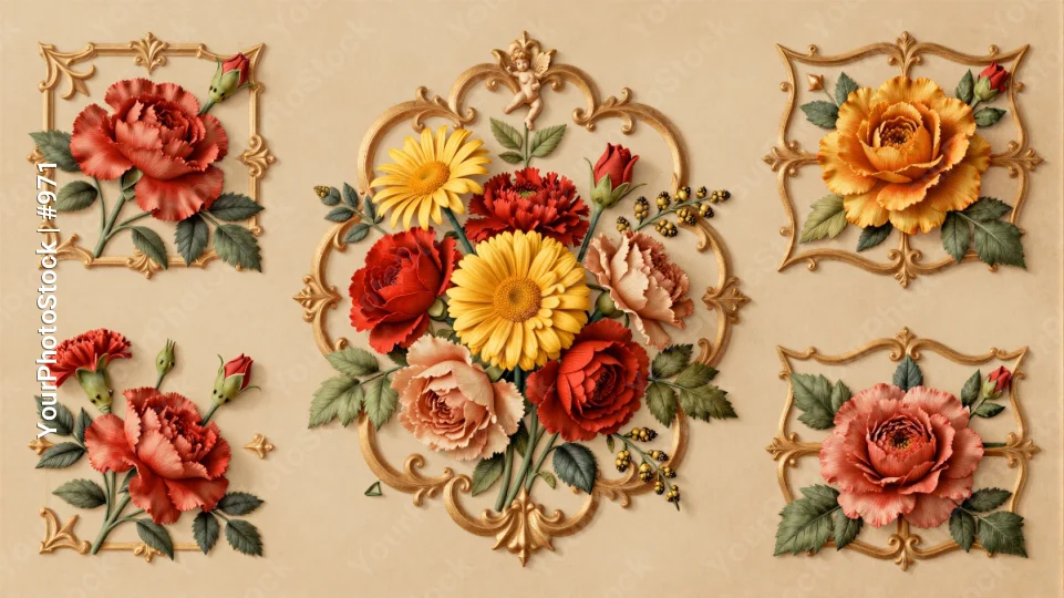 Vintage Elegant Floral Frames with Roses, Daisies, Carnations