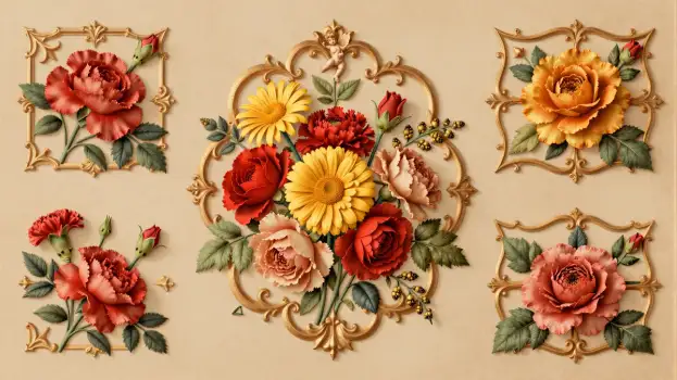Vintage Elegant Floral Frames with Roses, Daisies, Carnations