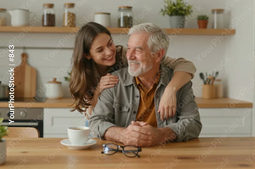 Elderly Man and Young Woman Smiling at Kitchen Table