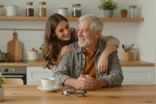 Elderly Man and Young Woman Smiling at Kitchen Table