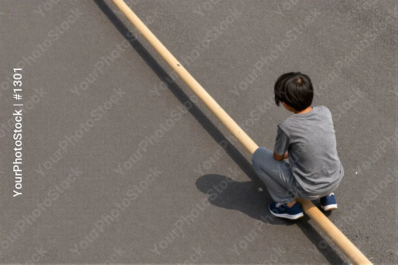 Young Boy Holding Wooden Stick in Parking Lot