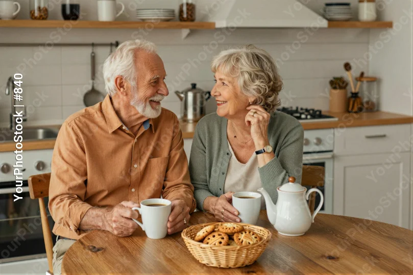 Elderly Couple Enjoying Tea and Cookies at Kitchen Table