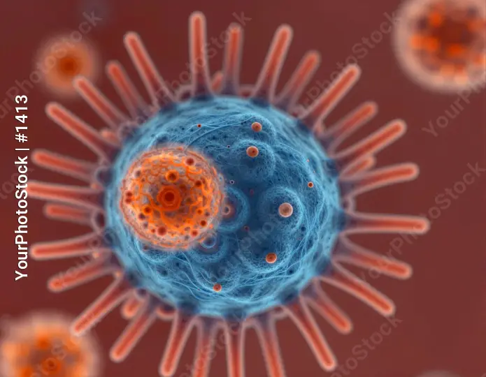3D Rendered Blue Sphere with Orange Spikes and Dots