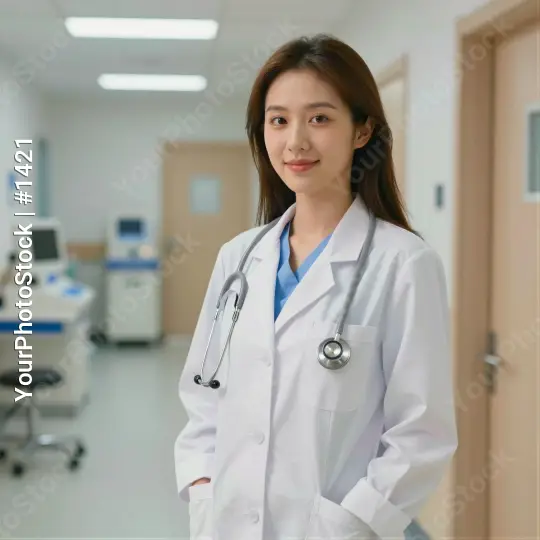 Young Asian Doctor Smiling in Hospital Corridor
