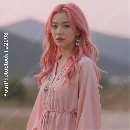 Serious Young Woman with Long Pink Hair in Field