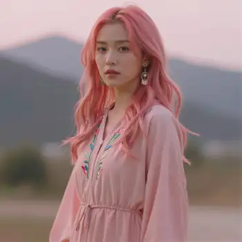 Serious Young Woman with Long Pink Hair in Field