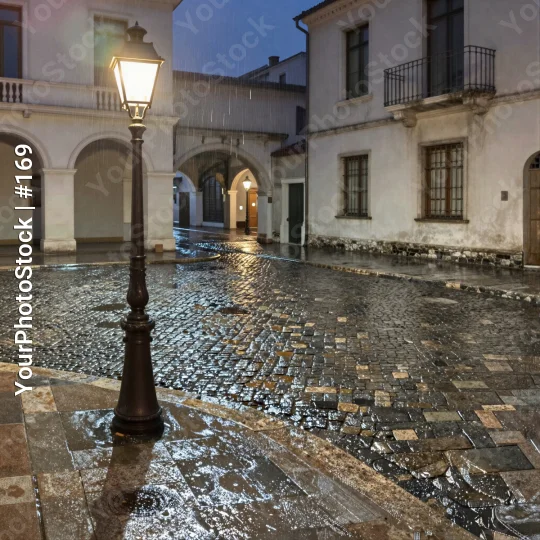 Gloomy Night Street with Wet Cobbles and Old Lamp
