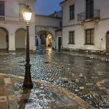Gloomy Night Street with Wet Cobbles and Old Lamp