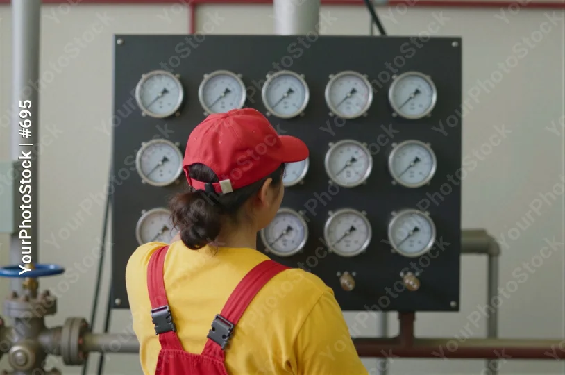 Woman Reading Gauges in Industrial Control Room