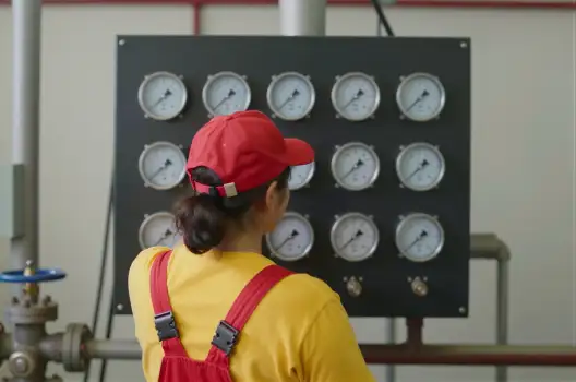 Woman Reading Gauges in Industrial Control Room