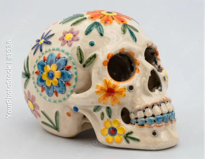 Day of the Dead Ceramic Skull with Colorful Flowers Mexico