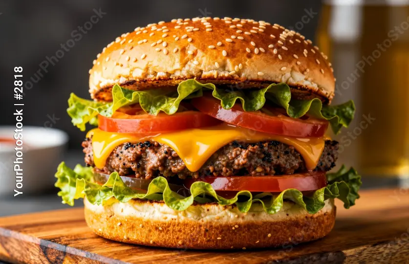 Delicious Burger with Lettuce and Tomato on a Cutting Board fast food