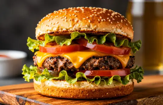 Delicious Burger with Lettuce and Tomato on a Cutting Board fast food