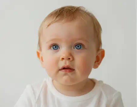 Curious Baby with Blue Eyes Looking Directly at Camera