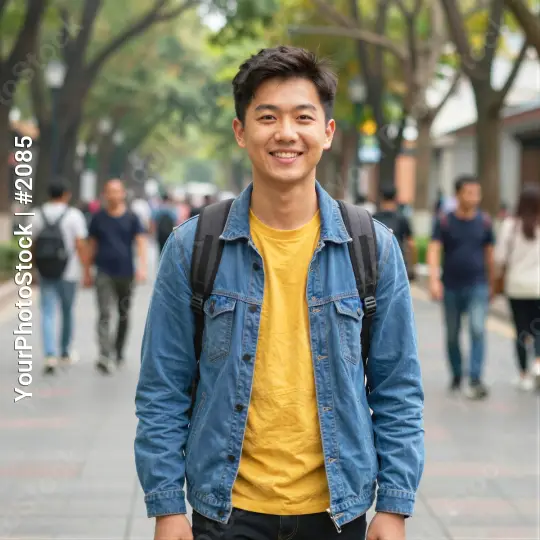 Young Asian Man Walking on Sidewalk Smiling blue student university
