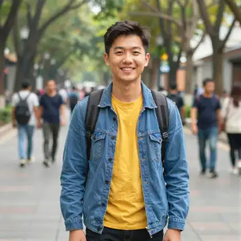 Young Asian Man Walking on Sidewalk Smiling blue student university