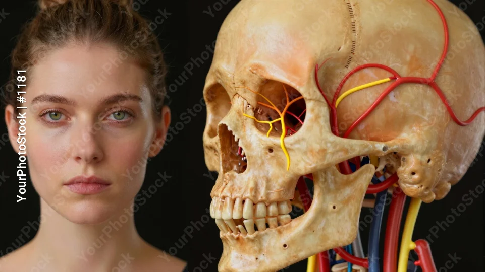 Young Woman vs Human Skull Model Comparison blonde hair