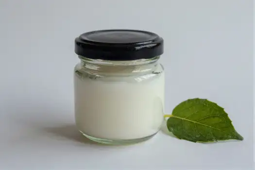 White Yogurt Jar with Green Leaf cream plain background