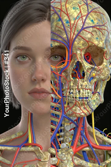 3D Rendered Skull and Neck Anatomy with Young Woman