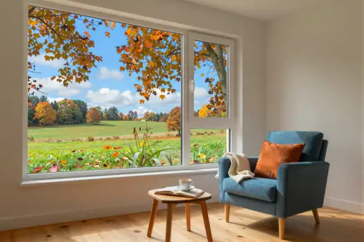 Living Room with Green Field View window view