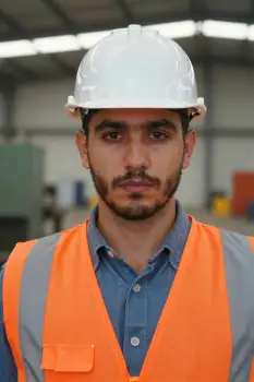 Construction Worker in Warehouse hard hat safety vest