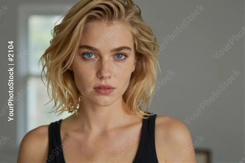 Serious Young Woman with Blonde Hair and Blue Eyes model