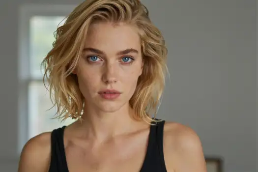 Serious Young Woman with Blonde Hair and Blue Eyes model