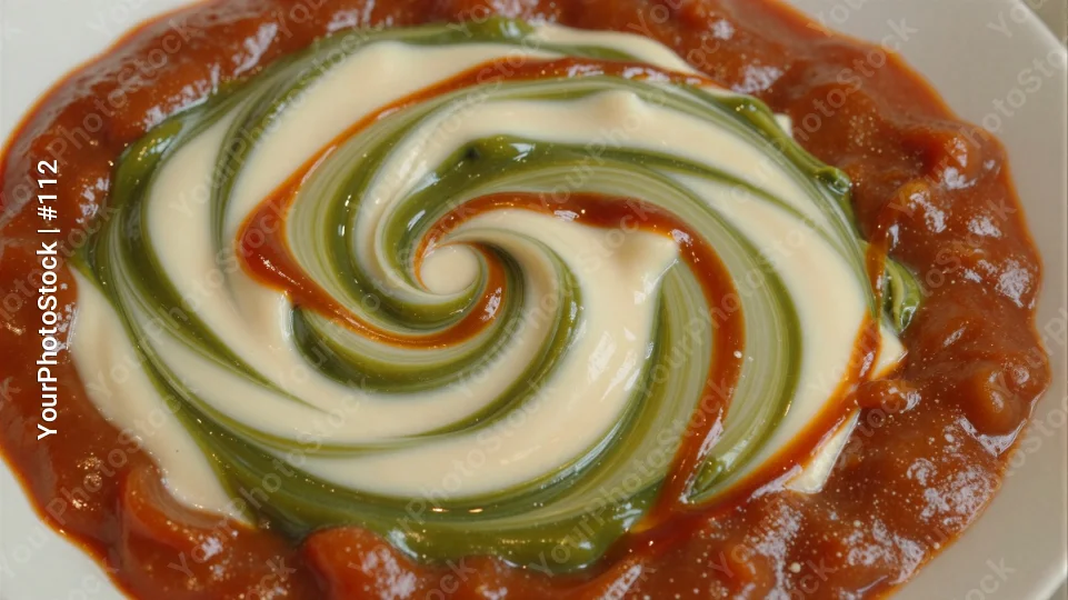 Close-up of Creamy Tomato Sauce with Swirl of White Cheese on Plate