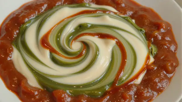 Close-up of Creamy Tomato Sauce with Swirl of White Cheese on Plate