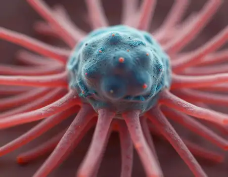 Microscopic View of Sea Anemone with Blue-Green Body and Orange Dots