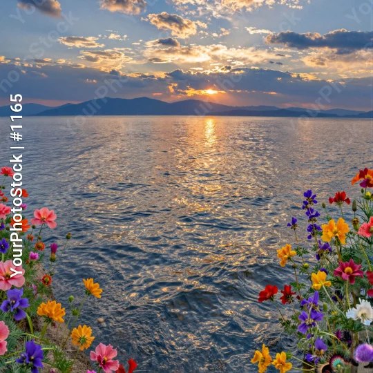 Sunset Over Ocean with Vibrant Flowers landscape