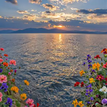 Sunset Over Ocean with Vibrant Flowers landscape