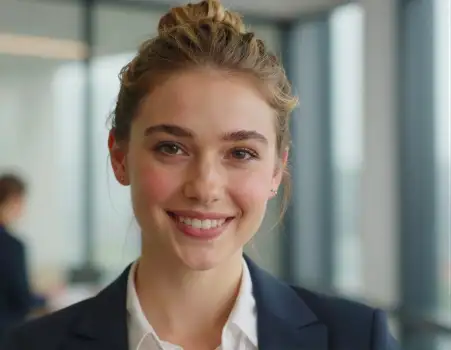 Confident Young Woman Smiling in Office Setting business
