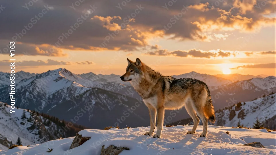 Snowy Mountain Peak with Wolf at Sunset peaceful