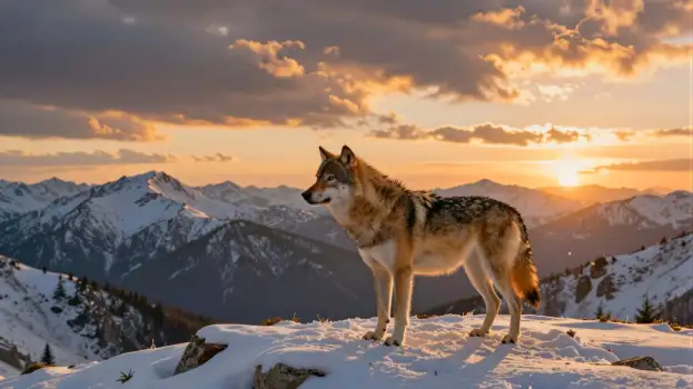 Snowy Mountain Peak with Wolf at Sunset peaceful