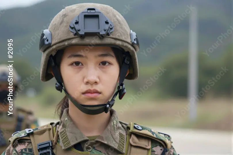 Young Woman in Military Uniform with Camera Helmet