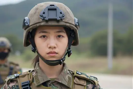 Young Woman in Military Uniform with Camera Helmet