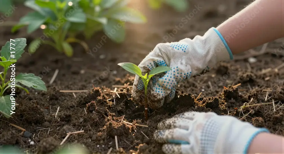Person planting a small plant in a garden bed