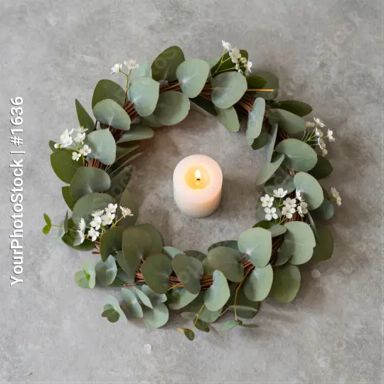 Eucalyptus Wreath with Candle on Gray Surface
