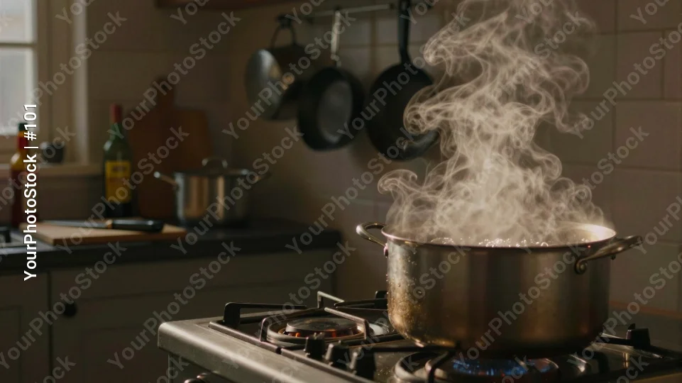Boiling Pot on Gas Stove in Kitchen stainless steel