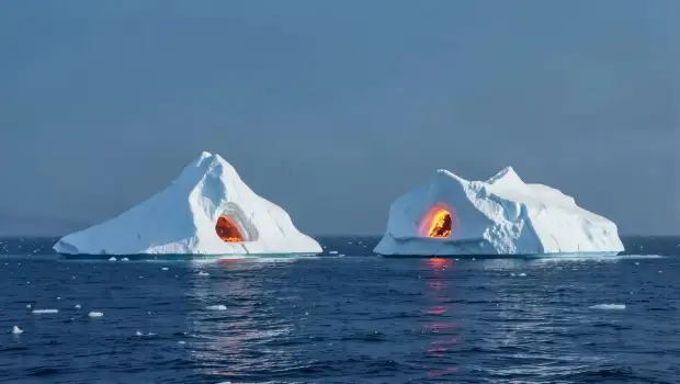 Icebergs with Red Light Illumination