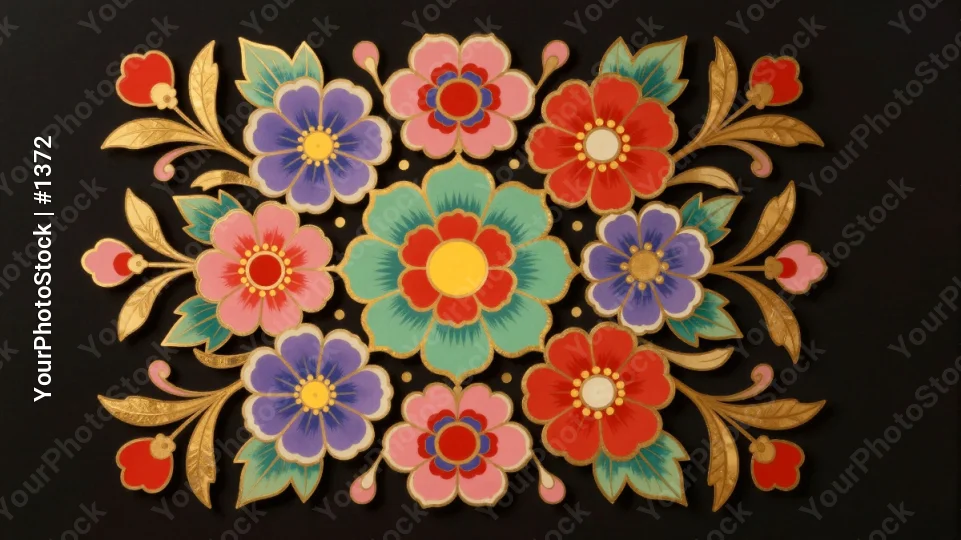 Colorful Floral Design on Black Background symmetrical