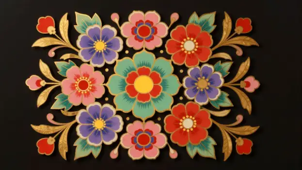 Colorful Floral Design on Black Background symmetrical