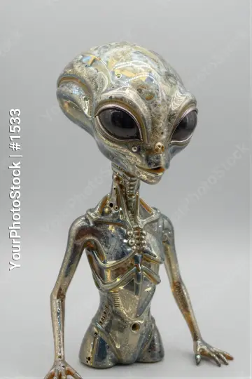 Metallic Alien Figurine Standing on White Background