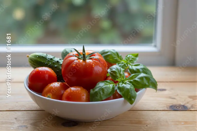 Fresh Tomatoes and Basil in a White Bowl ripe