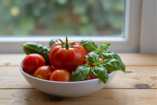 Fresh Tomatoes and Basil in a White Bowl ripe